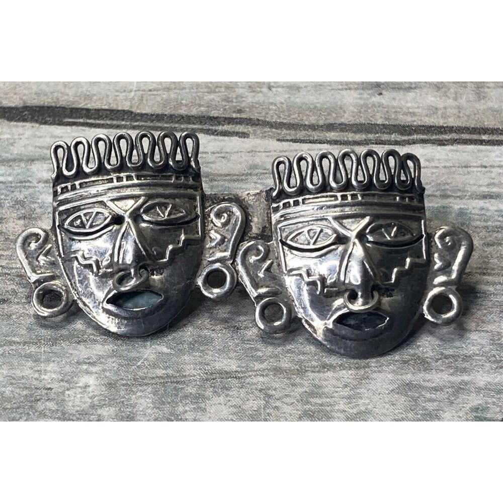 Aztec Mayan Mask Face Artβ Deco Brooch Pin Sterling Silver 925 Vintage